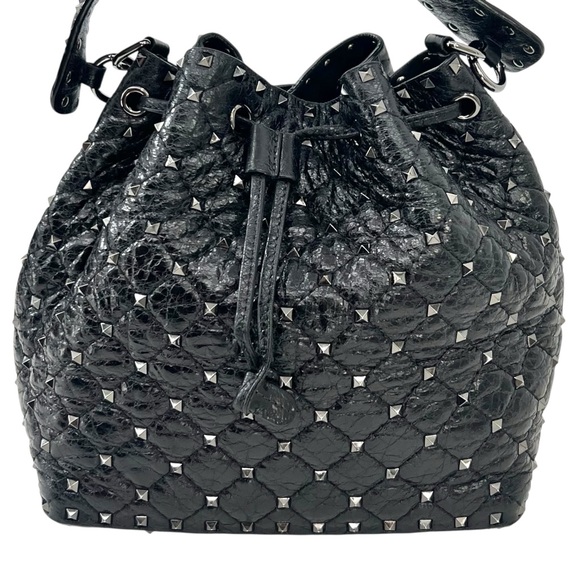 Valentino Garavani Black Rockstud Spike Leather Studded Bucket Bag Crossbody - Picture 2 of 16